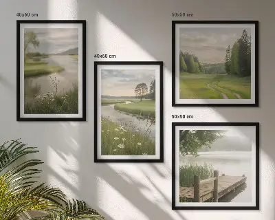 Set de cuadros modernos para salón con paisajes veraniegos de prados fluviales