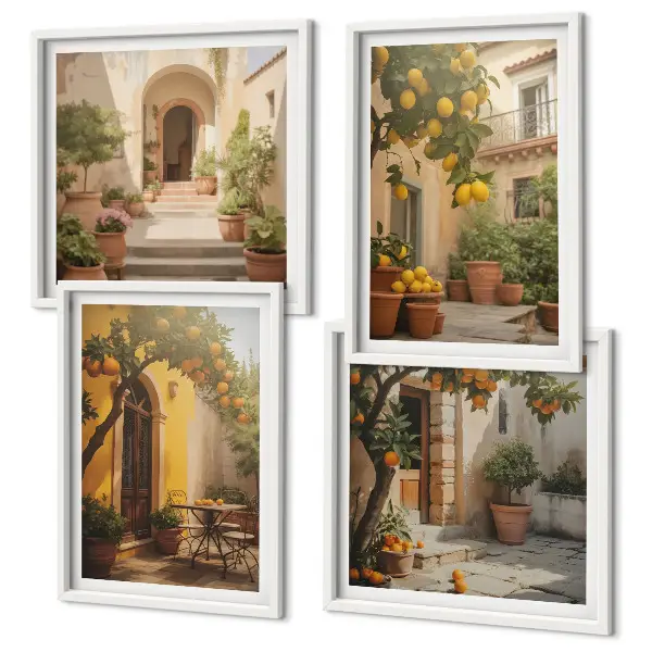 Set de 4 cuadros para salón de patio con árboles cítricos