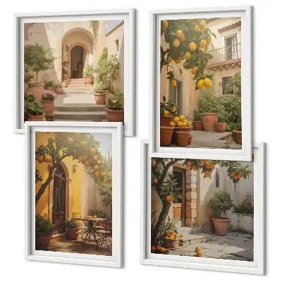 Set de 4 cuadros para salón de patio con árboles cítricos