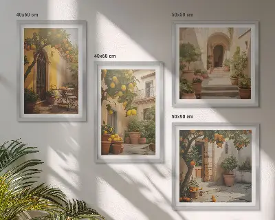 Set de 4 cuadros para salón de patio con árboles cítricos