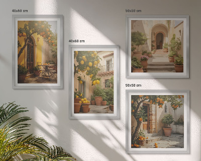 Set de 4 cuadros para salón Patio con árboles cítricos