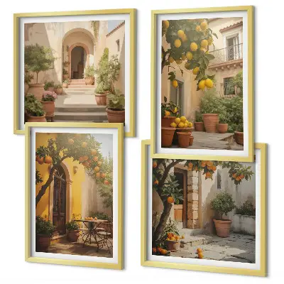 Set de 4 cuadros para salón de patio con árboles cítricos