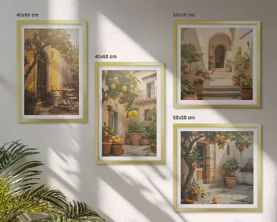 Set de 4 cuadros para salón de patio con árboles cítricos