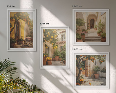Set de 4 cuadros para salón Patio con árboles cítricos