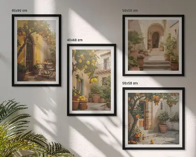 Set de 4 cuadros para salón de patio con árboles cítricos
