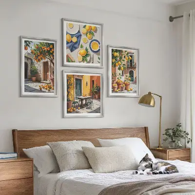 Set de cuadros modernos para salón diseño de árboles cítricos en un jardín soleado