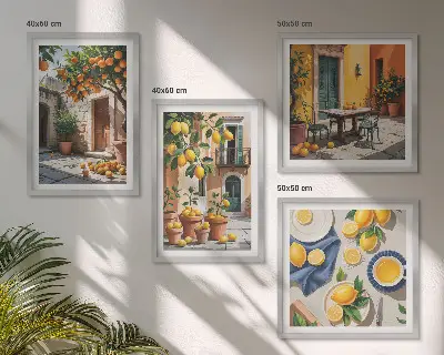 Set de cuadros modernos para salón diseño de árboles cítricos en un jardín soleado