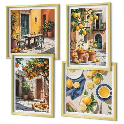 Set de cuadros modernos para salón diseño de árboles cítricos en un jardín soleado