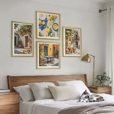 Set de cuadros modernos para salón diseño de árboles cítricos en un jardín soleado
