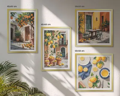 Set de cuadros modernos para salón diseño de árboles cítricos en un jardín soleado