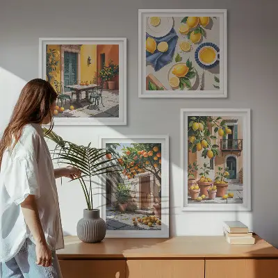 Set de cuadros modernos para salón diseño de árboles cítricos en un jardín soleado