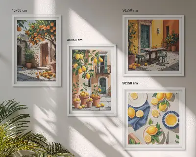 Set de cuadros modernos para salón diseño de árboles cítricos en un jardín soleado