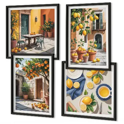 Set de cuadros modernos para salón diseño de árboles cítricos en un jardín soleado