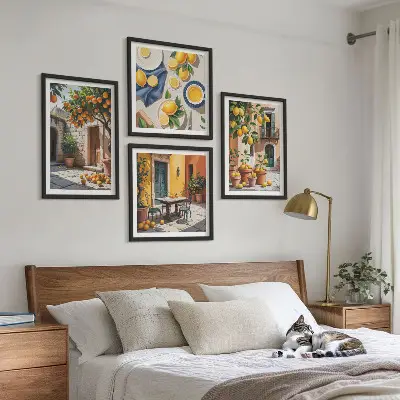 Set de cuadros modernos para salón diseño de árboles cítricos en un jardín soleado