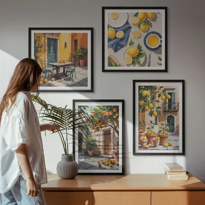 Set de cuadros modernos para salón diseño de árboles cítricos en un jardín soleado