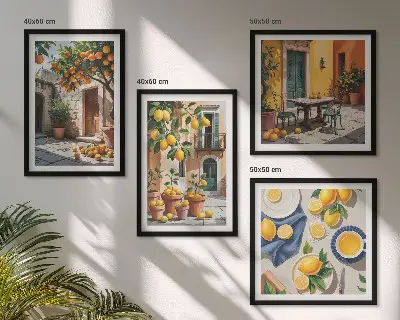 Set de cuadros modernos para salón diseño de árboles cítricos en un jardín soleado