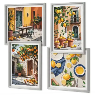 Set de cuadros modernos para salón diseño de árboles cítricos en un jardín soleado