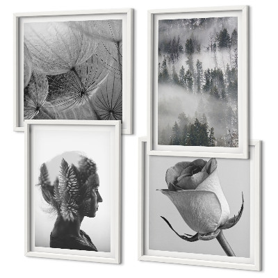 Set de 4 cuadros para salón Retrato de una mujer entre la niebla del bosque