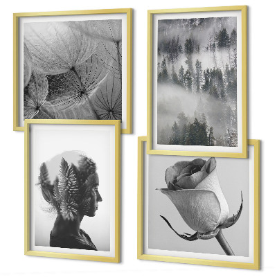 Set de 4 cuadros para salón Retrato de una mujer entre la niebla del bosque
