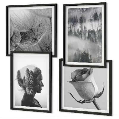 Set de 4 cuadros para salón Retrato de una mujer entre la niebla del bosque