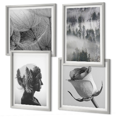 Set de 4 cuadros para salón Retrato de una mujer entre la niebla del bosque