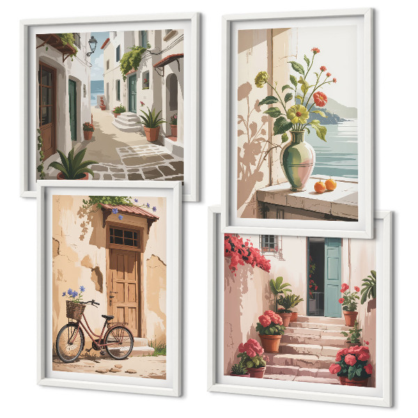 Set de 4 cuadros para salón Calles flores bicicleta pintada