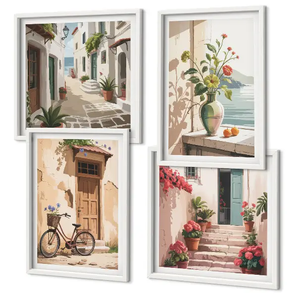 Set de 4 cuadros para salón con diseño de calles con flores y bicicleta pintada