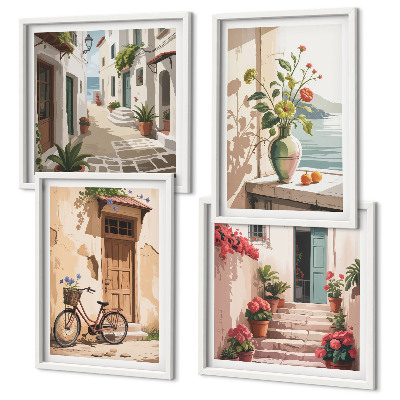 Set de 4 cuadros para salón Calles flores bicicleta pintada