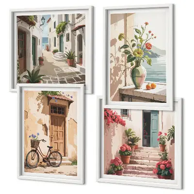 Set de 4 cuadros para salón con diseño de calles con flores y bicicleta pintada
