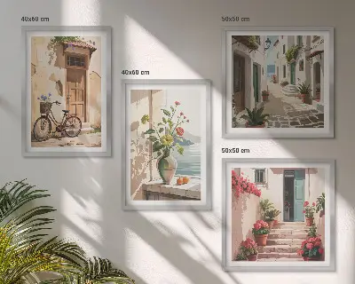 Set de 4 cuadros para salón con diseño de calles con flores y bicicleta pintada