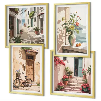 Set de 4 cuadros para salón con diseño de calles con flores y bicicleta pintada