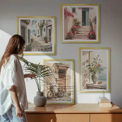 Set de 4 cuadros para salón con diseño de calles con flores y bicicleta pintada