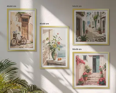 Set de 4 cuadros para salón con diseño de calles con flores y bicicleta pintada