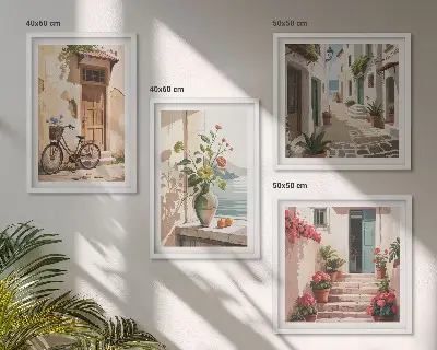 Set de 4 cuadros para salón con diseño de calles con flores y bicicleta pintada
