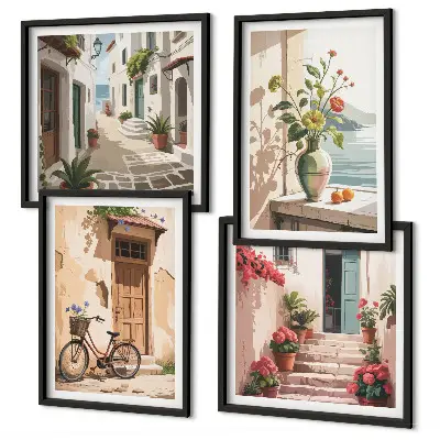 Set de 4 cuadros para salón con diseño de calles con flores y bicicleta pintada