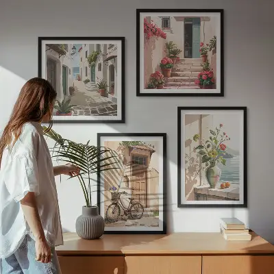 Set de 4 cuadros para salón con diseño de calles con flores y bicicleta pintada