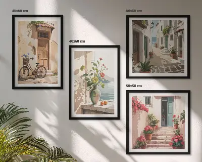 Set de 4 cuadros para salón con diseño de calles con flores y bicicleta pintada