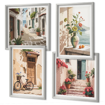 Set de 4 cuadros para salón Calles flores bicicleta pintada