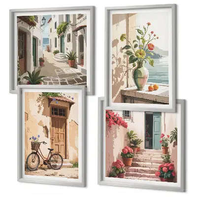Set de 4 cuadros para salón con diseño de calles con flores y bicicleta pintada