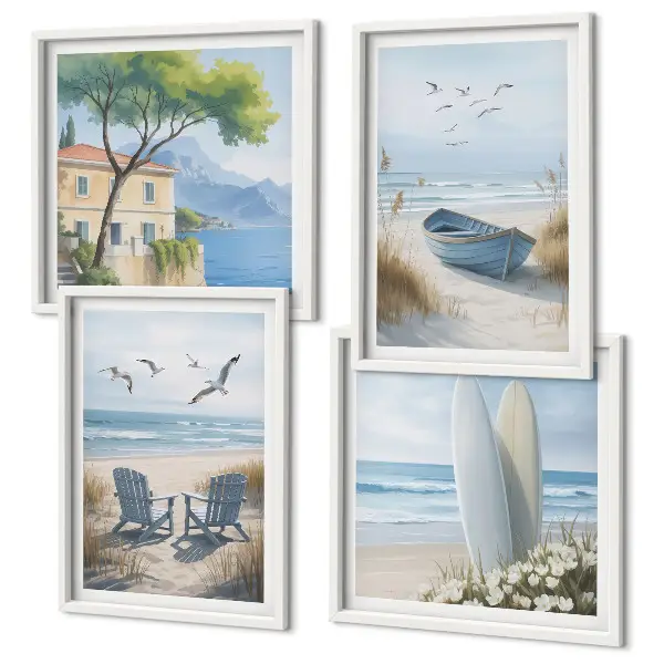 Galería de pared con diseño de tablas de surf, barco y pájaros en la playa