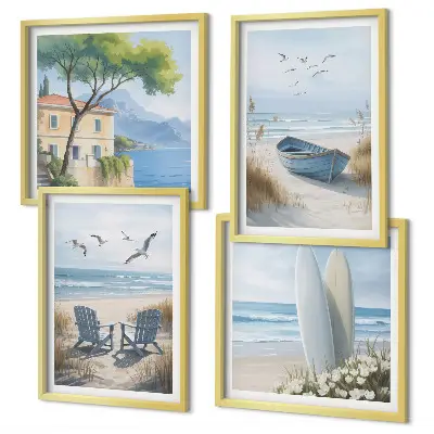 Galería de pared con diseño de tablas de surf, barco y pájaros en la playa