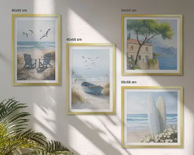 Galería de pared con diseño de tablas de surf, barco y pájaros en la playa