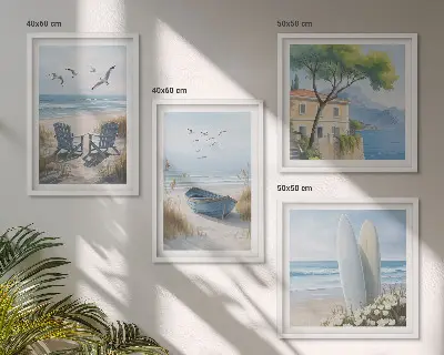 Galería de pared con diseño de tablas de surf, barco y pájaros en la playa