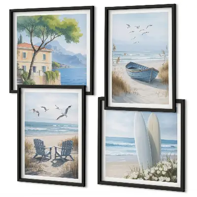 Galería de pared con diseño de tablas de surf, barco y pájaros en la playa