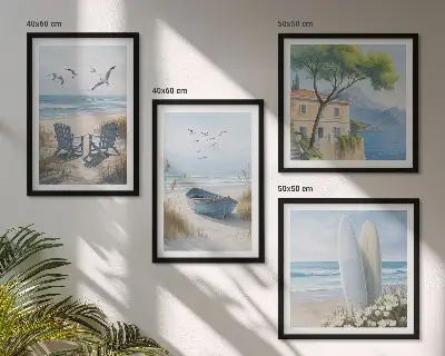 Galería de pared con diseño de tablas de surf, barco y pájaros en la playa