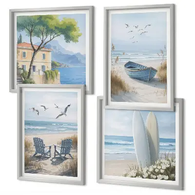 Galería de pared con diseño de tablas de surf, barco y pájaros en la playa