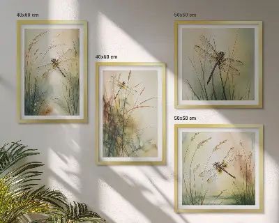Set de cuadros modernos para salón con diseño de libélulas sobre el agua