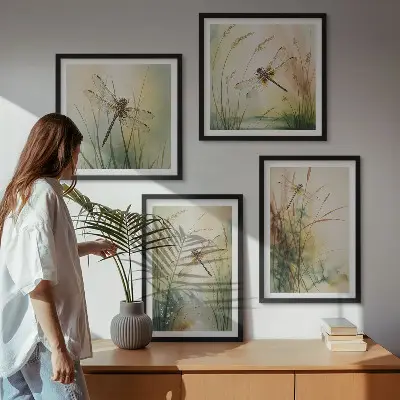 Set de cuadros modernos para salón con diseño de libélulas sobre el agua
