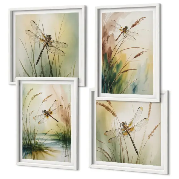 Set de 4 cuadros para salón con diseño de pintura al agua de libélulas y hierba