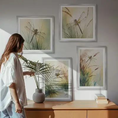Set de 4 cuadros para salón con diseño de pintura al agua de libélulas y hierba